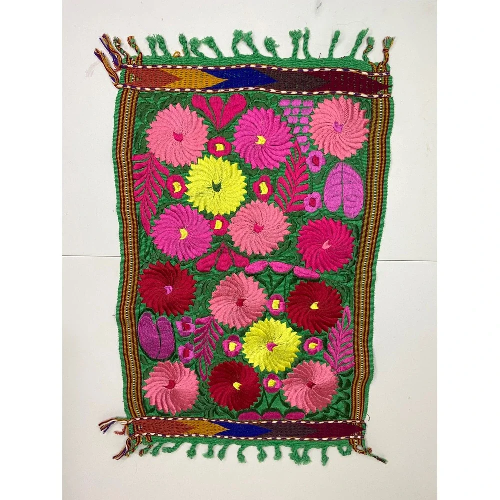 Lot of 4 Mexican Hand Embroidered Floral Textile Panels Otomi Folk Art Fringed